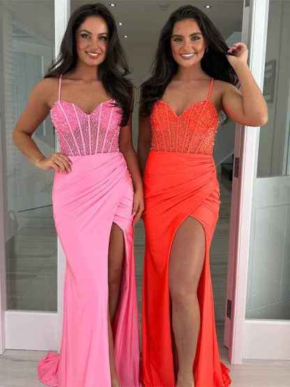 Pink Mermaid Spaghetti Straps Long Prom Dress with Beading