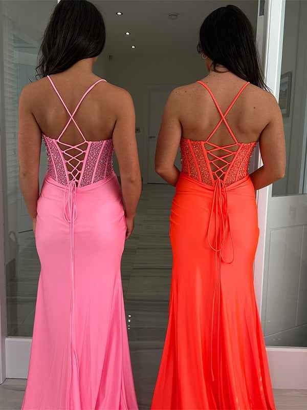Pink Mermaid Spaghetti Straps Long Prom Dress with Beading