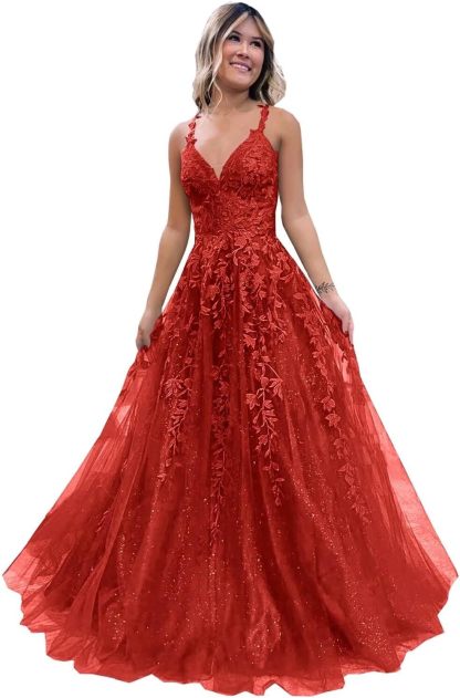 Tulle Lace Appliques Sparkly Prom Dresses A Line with Slit V Neck Formal Party Dress-BMbridal.UK