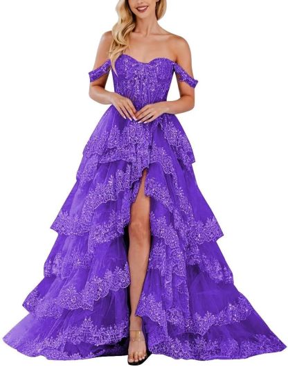 Lace Appliques Prom Dresses for Women Sparkly Tiered Tulle Off The Shoulder Formal Evening Gowns with Slit-BMbridal.UK