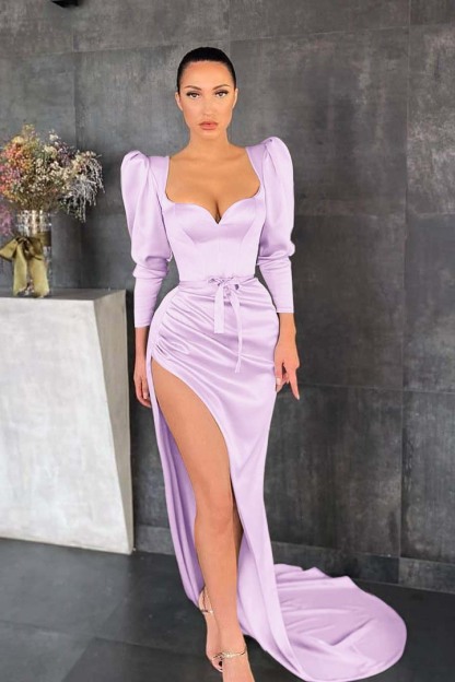 Glamorous Dusty Sage Long Sleeves Pleated Long Prom Dress Split With Belt