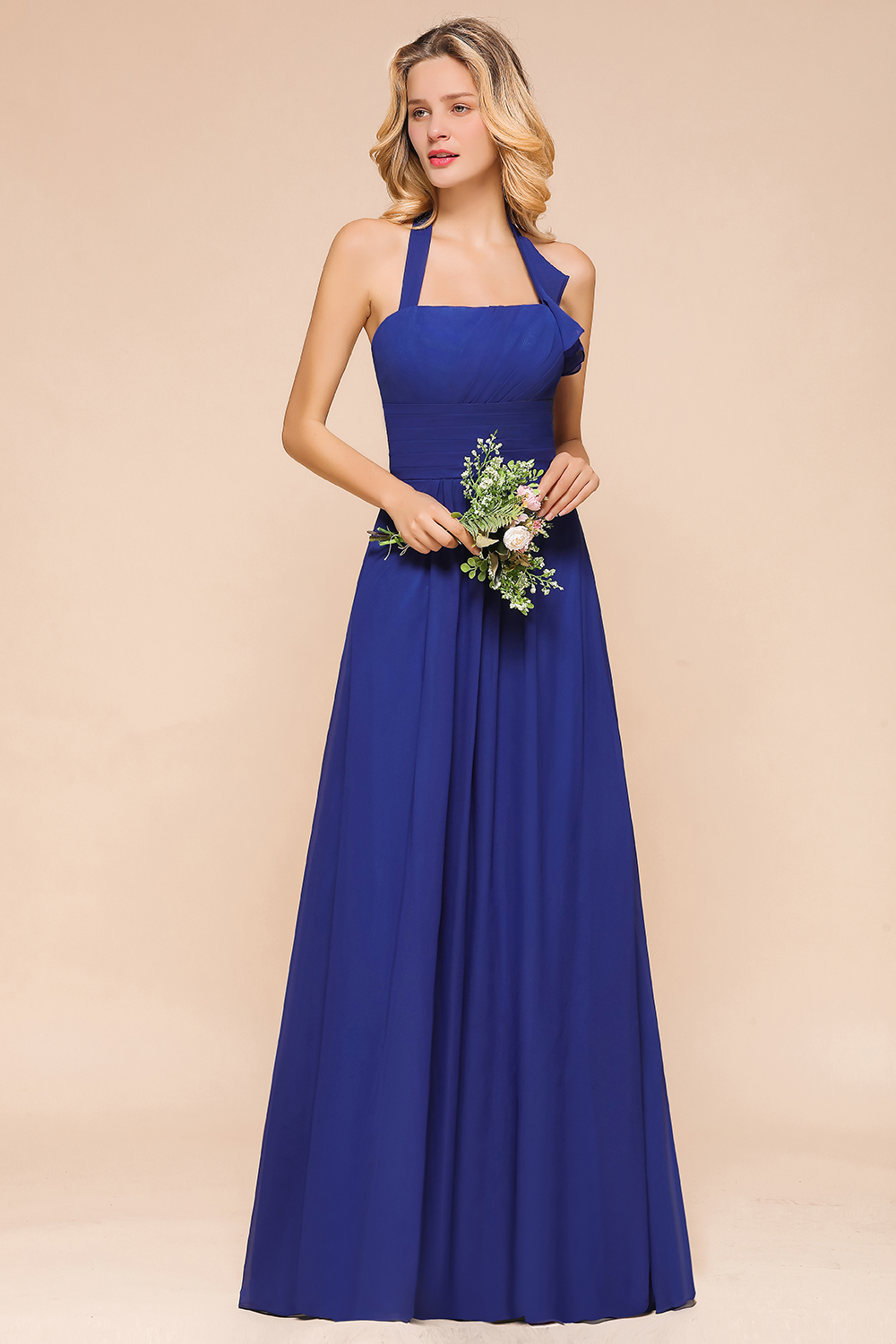 BMbridal Stylish Halter Backless Royal Blue Bridesmaid Dress Affordable with Ruffle-BMbridal