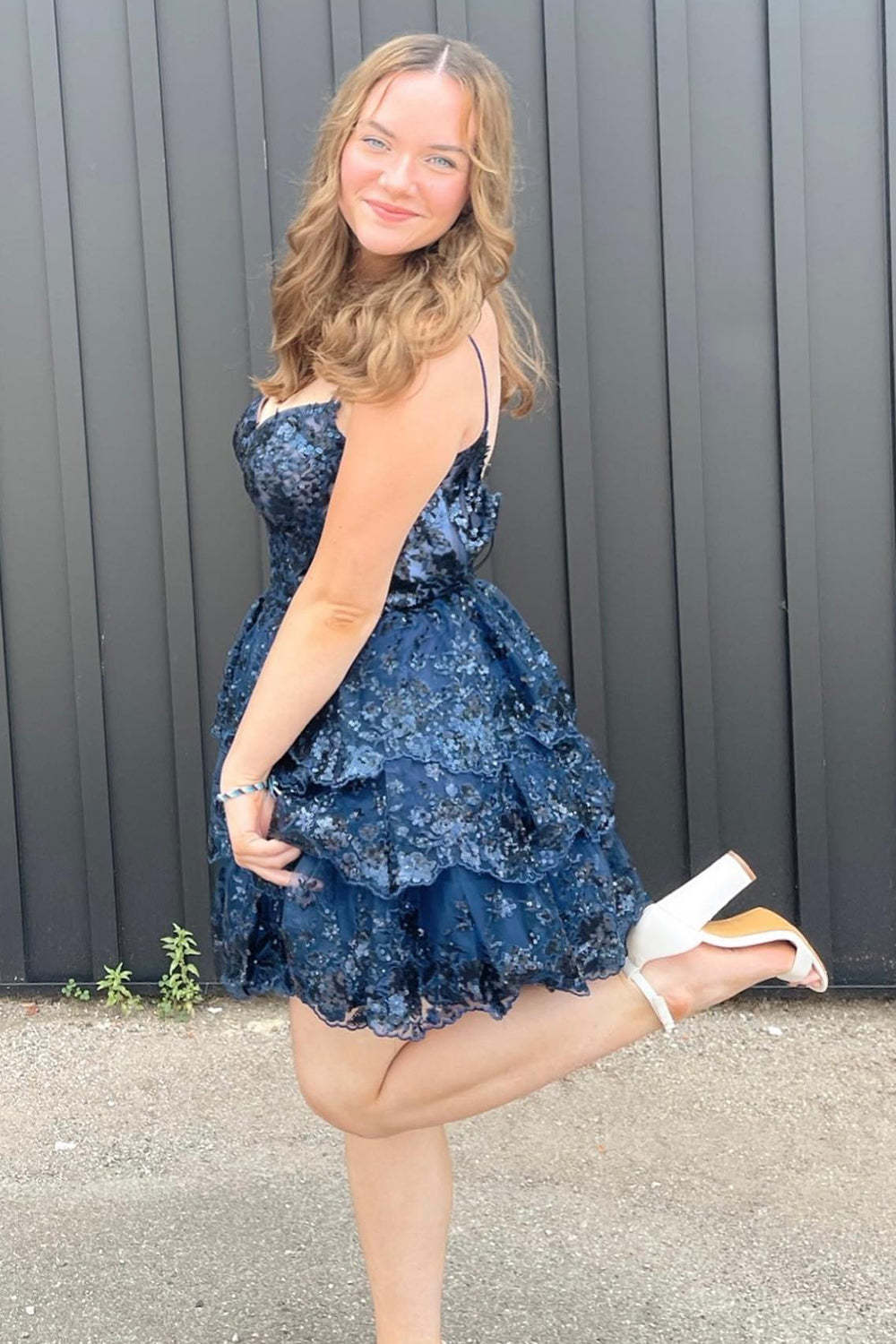 Sparkly Blue Corset Top Spaghetti Straps A-Line Lace Short Homecoming Dress