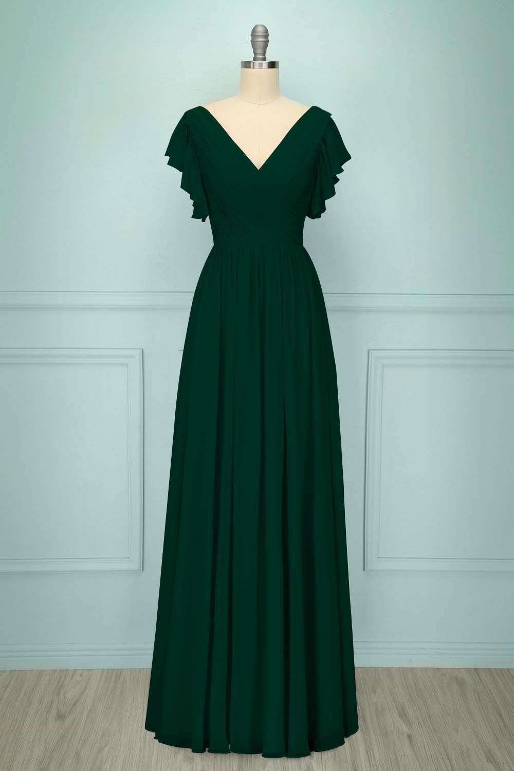 Chiffon V Neck Sleeveless Long Prom Dress With Pleated Ruffle