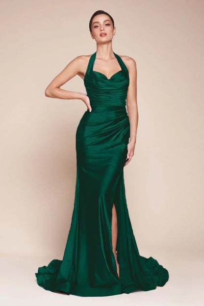 Halter Sleeveless Split Mermaid Long Prom Dress With Pleated