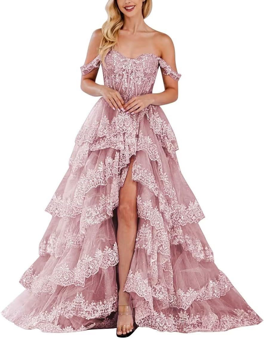 Lace Appliques Prom Dresses for Women Sparkly Tiered Tulle Off The Shoulder Formal Evening Gowns with Slit-BMbridal.UK