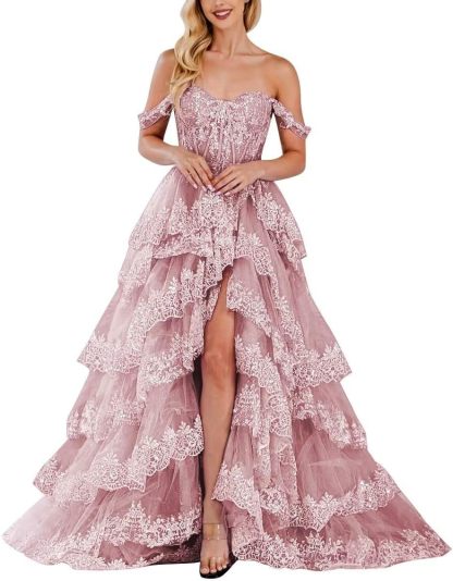 Lace Appliques Prom Dresses for Women Sparkly Tiered Tulle Off The Shoulder Formal Evening Gowns with Slit-BMbridal.UK