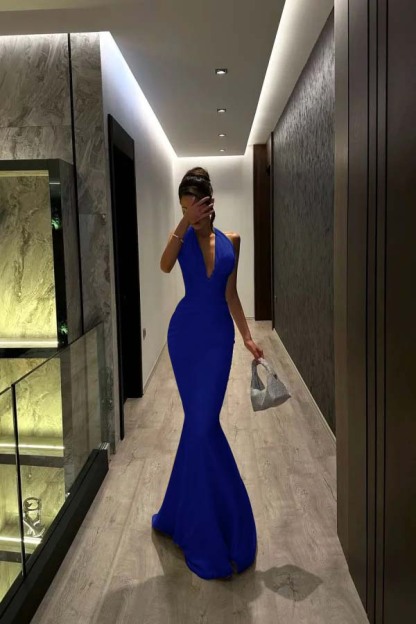 Halter V Neck Sleeveless Long Mermaid Prom Dress With Pleated