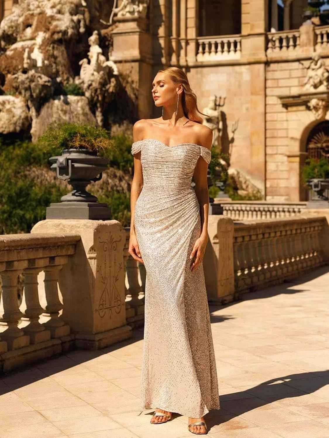 Sequin Prom Dresses for Women Off Shoulder V-Neck Long Ball Gown with Slit Formal Evening Party-BMbridal.UK