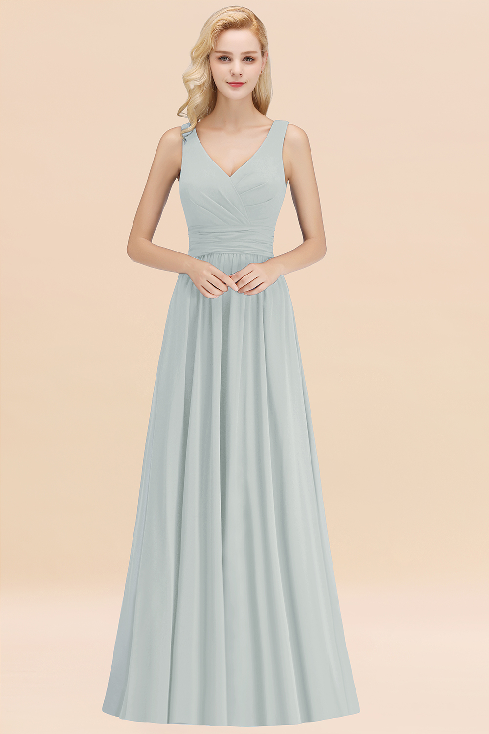 BMbridal Modest Sleeveless V-Neck Long Chiffon Bridesmaid Dress Online with Ruffle-BMbridal