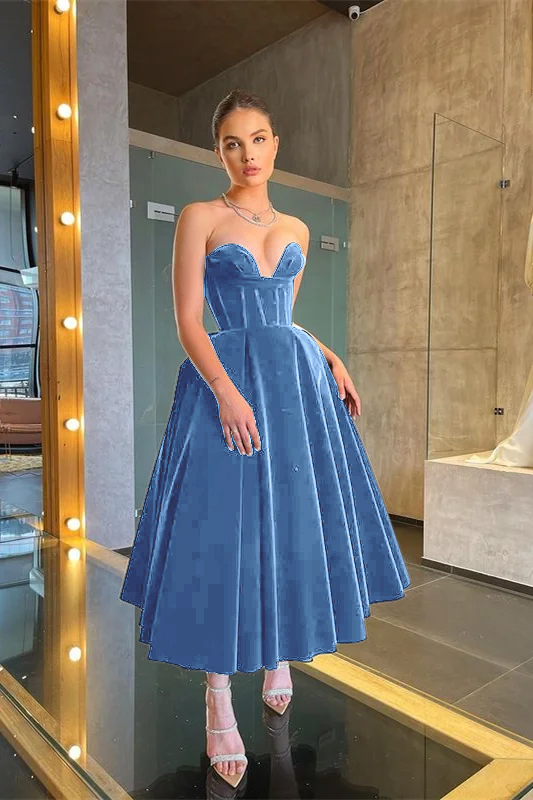 Chic Strapless Sleeveless Little Black Dress Tea Length A Line Prom Dress