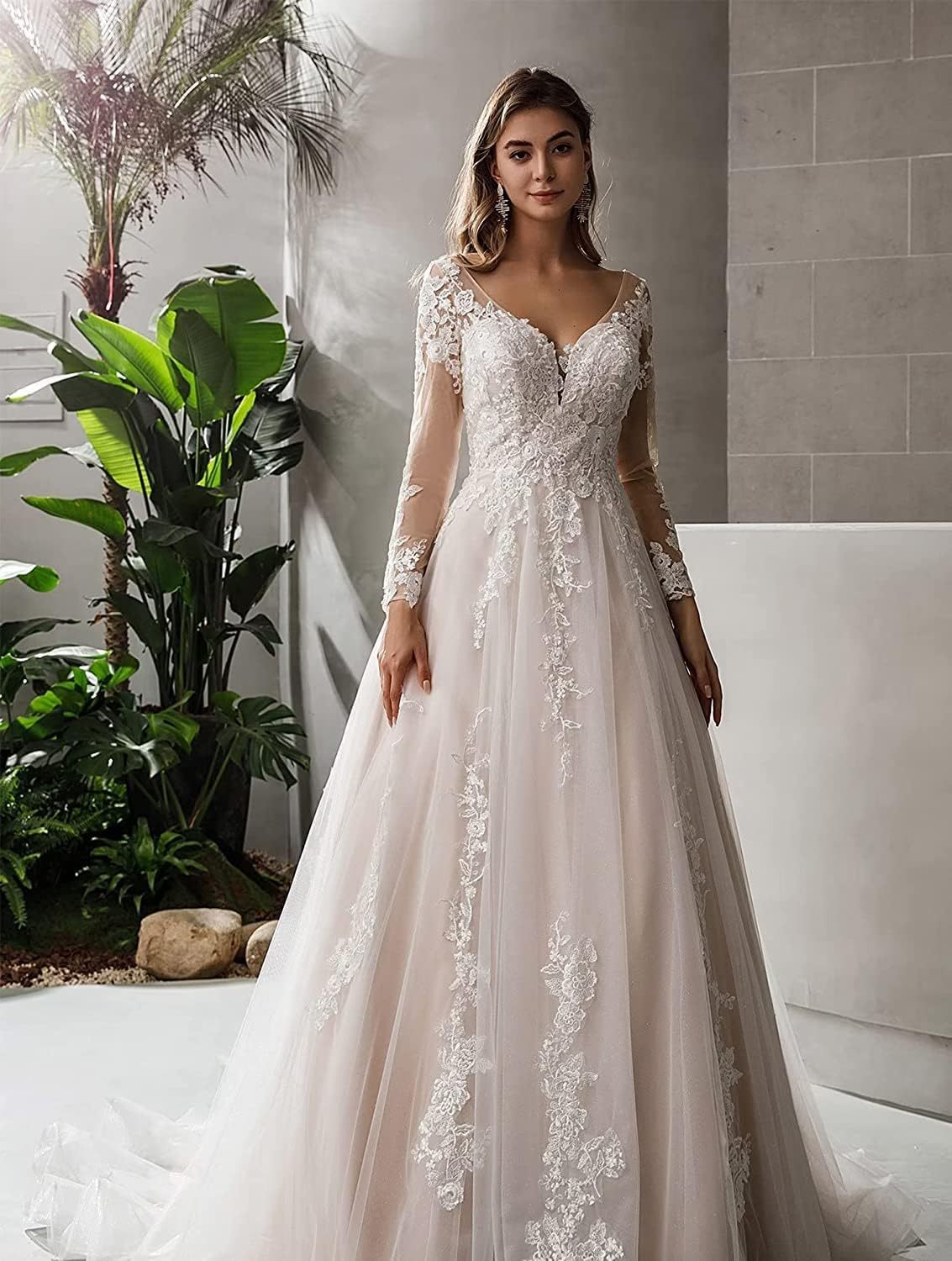 Loyeloy Women's Wedding Dresses for Bride 2025 Sexy V Neck Slit Lace Bridal Wedding Gowns for Bride YJ010-BMbridal.UK