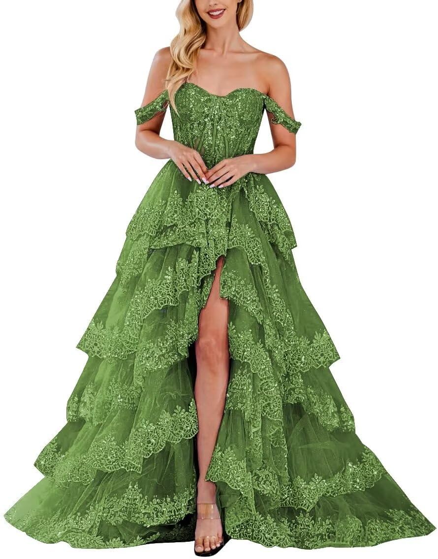 Lace Appliques Prom Dresses for Women Sparkly Tiered Tulle Off The Shoulder Formal Evening Gowns with Slit-BMbridal.UK