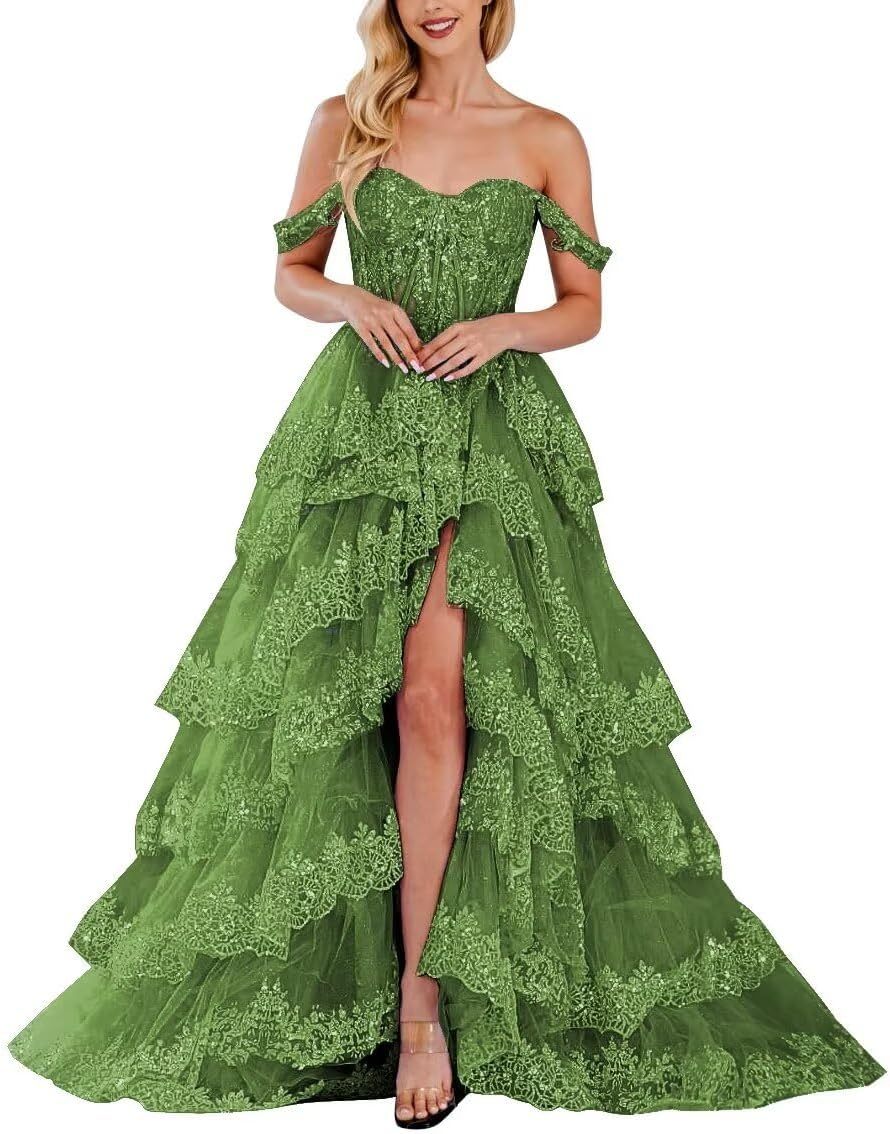 Lace Appliques Prom Dresses for Women Sparkly Tiered Tulle Off The Shoulder Formal Evening Gowns with Slit-BMbridal.UK