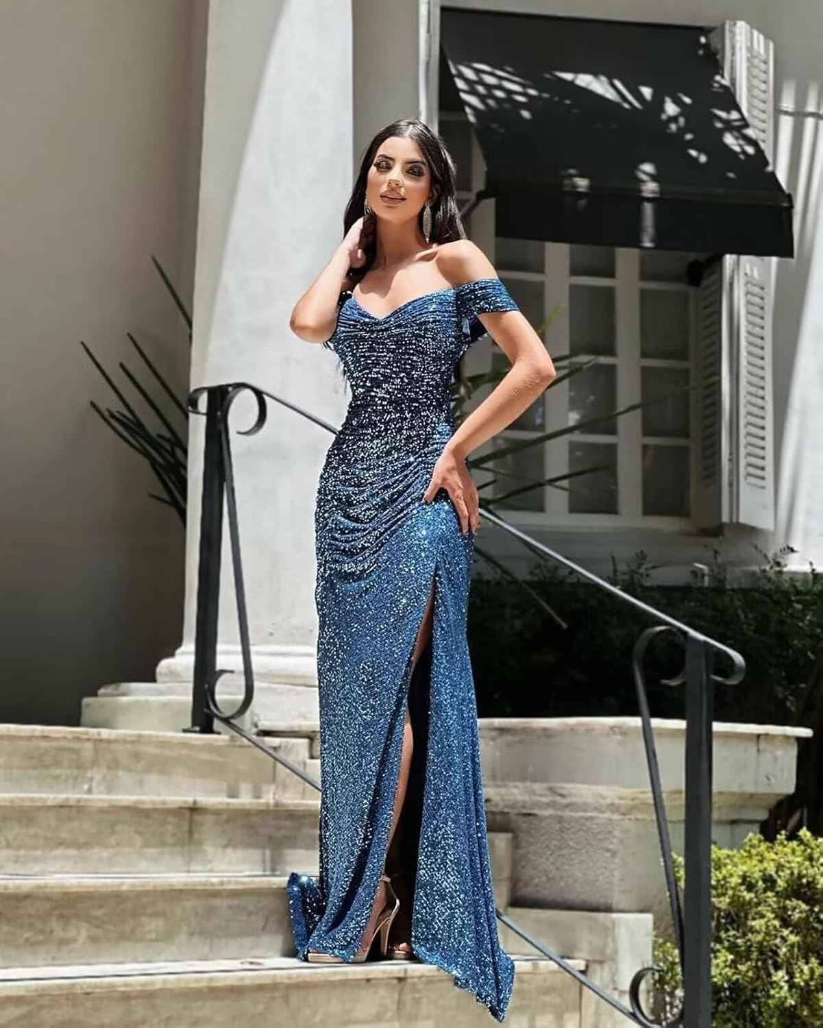 Sequin Prom Dresses for Women Off Shoulder V-Neck Long Ball Gown with Slit Formal Evening Party-BMbridal.UK