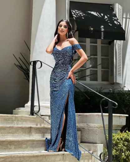 Sequin Prom Dresses for Women Off Shoulder V-Neck Long Ball Gown with Slit Formal Evening Party-BMbridal.UK