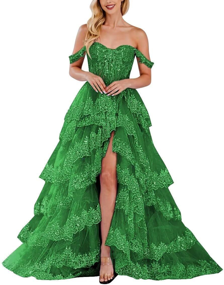 Lace Appliques Prom Dresses for Women Sparkly Tiered Tulle Off The Shoulder Formal Evening Gowns with Slit-BMbridal.UK