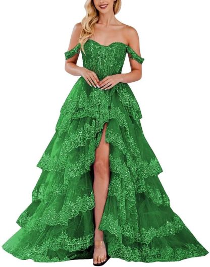 Lace Appliques Prom Dresses for Women Sparkly Tiered Tulle Off The Shoulder Formal Evening Gowns with Slit-BMbridal.UK