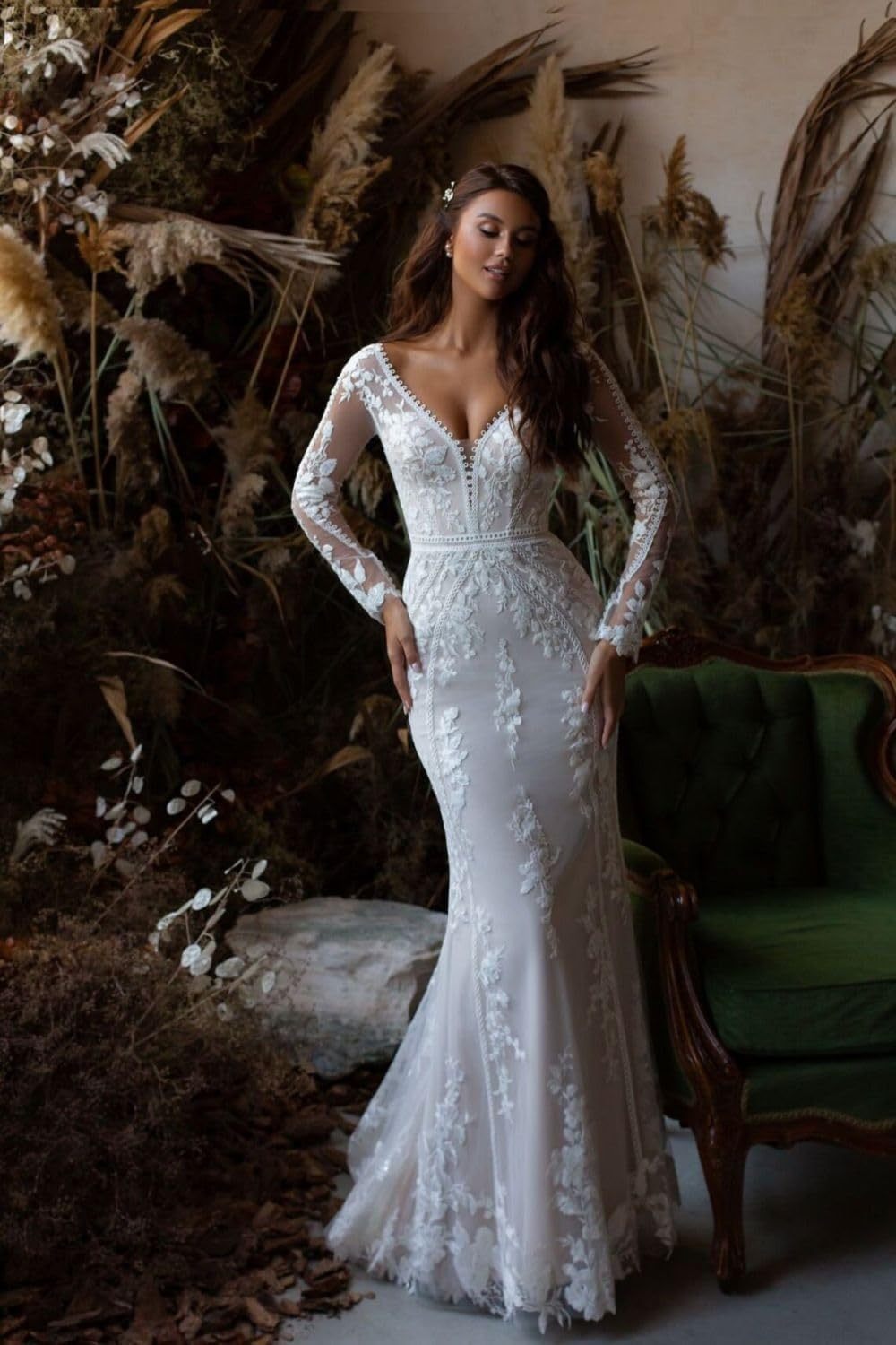 Loyeloy Women's Wedding Dresses for Bride 2025 Sexy V Neck Slit Lace Bridal Wedding Gowns for Bride YJ010-BMbridal.UK