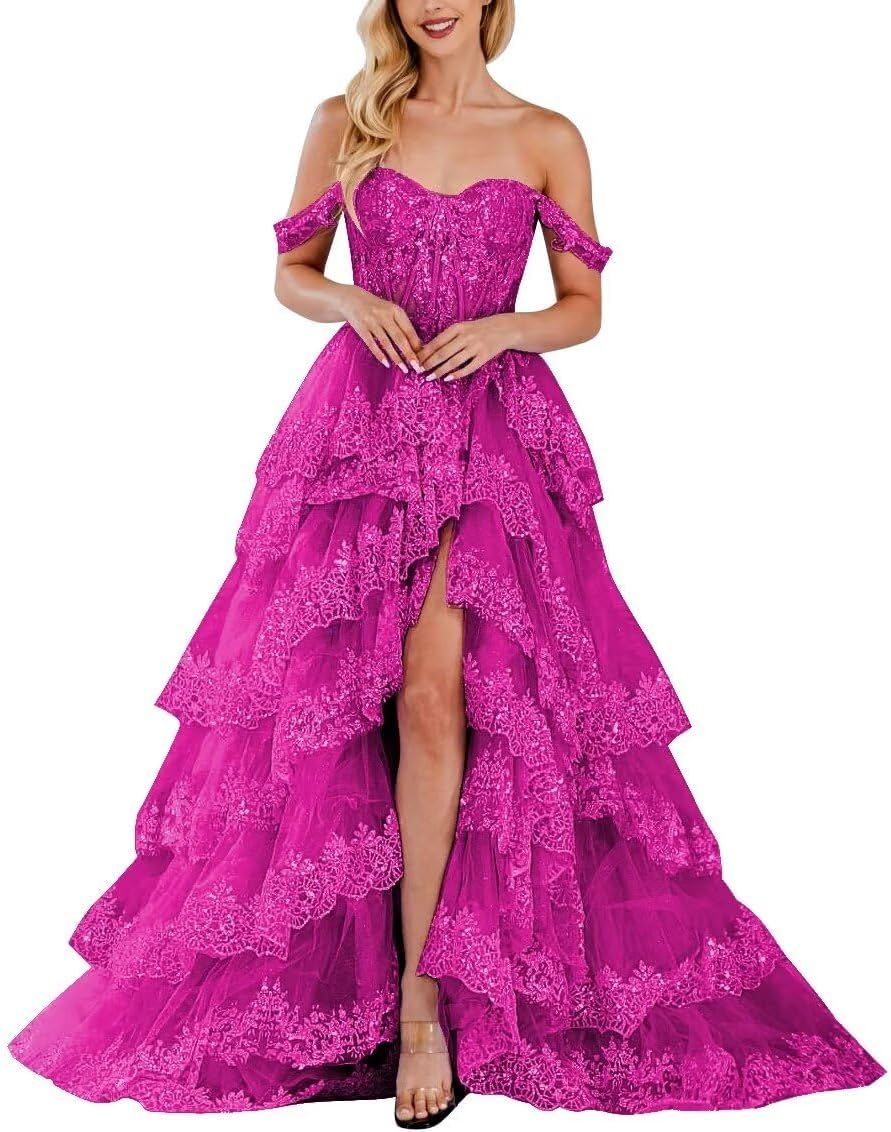 Lace Appliques Prom Dresses for Women Sparkly Tiered Tulle Off The Shoulder Formal Evening Gowns with Slit-BMbridal.UK