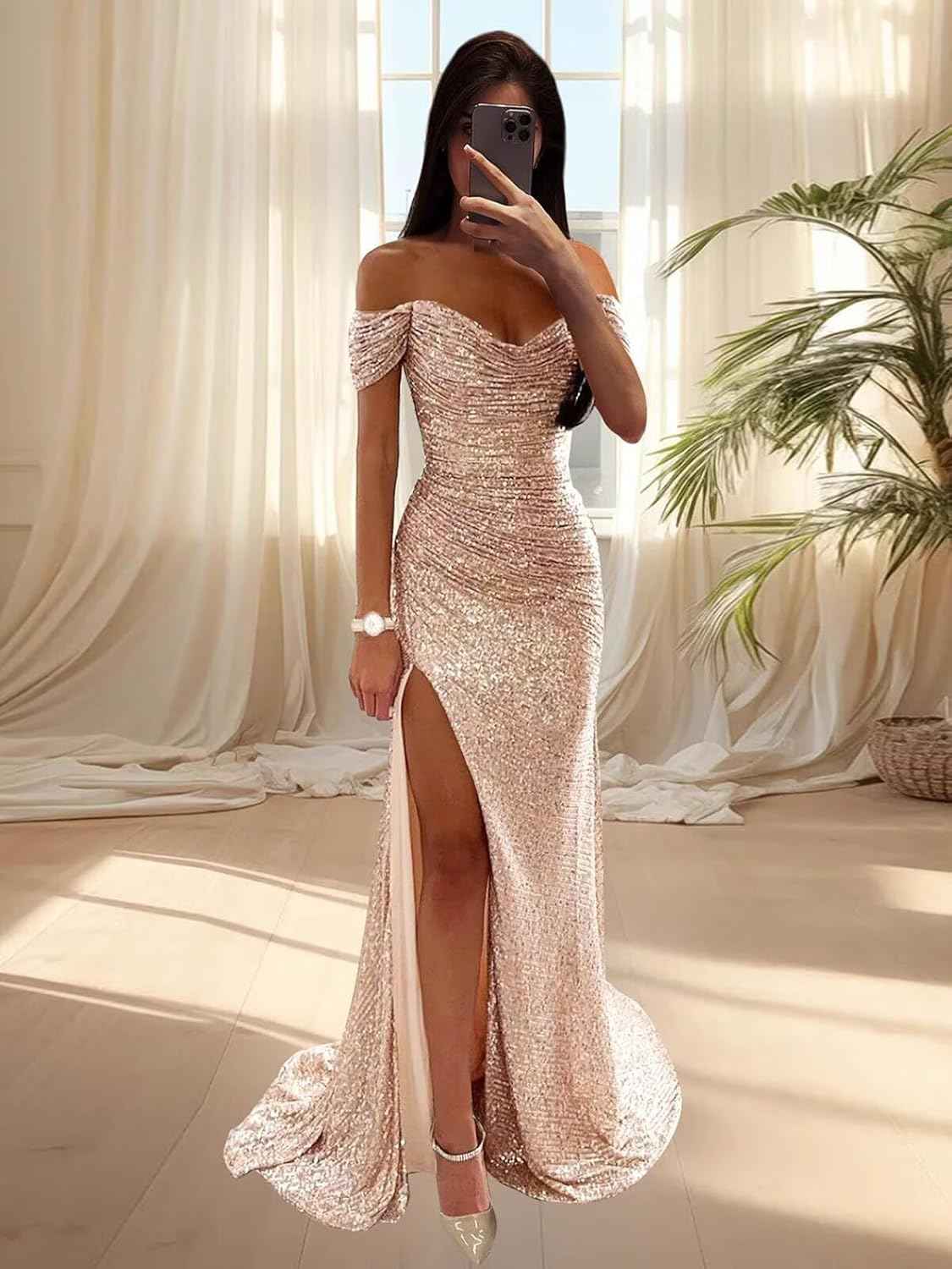 Sequin Prom Dresses for Women Off Shoulder V-Neck Long Ball Gown with Slit Formal Evening Party-BMbridal.UK