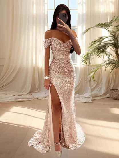 Sequin Prom Dresses for Women Off Shoulder V-Neck Long Ball Gown with Slit Formal Evening Party-BMbridal.UK