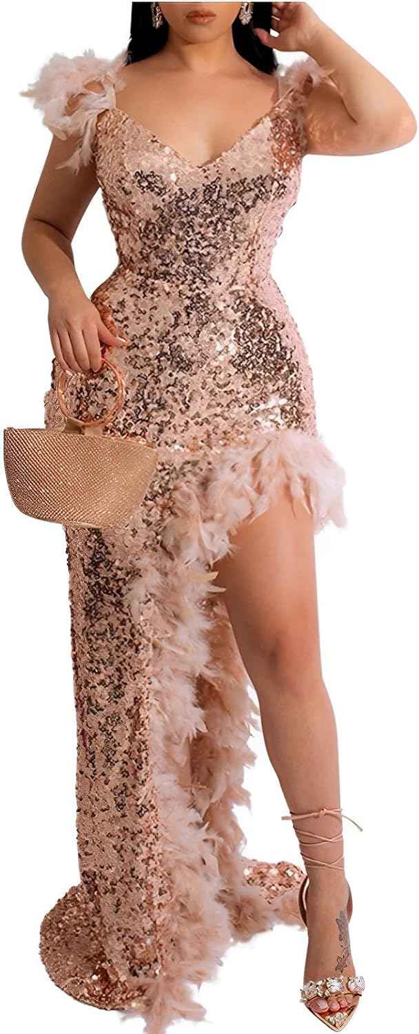 Women's Sexy Sequin Feather Prom Dresses 2025 High Slit Deep V Neck Evening Formal Masquerade Ball Gown Maxi Dress-BMbridal.UK