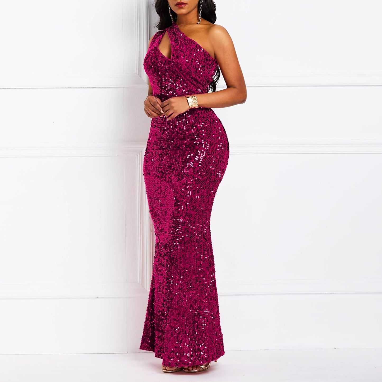 Sequins Fashion Sleeveless Oblique Collar Mermaid Women's Maxi Dress Bodycon Dress Party Dress-BMbridal.UK