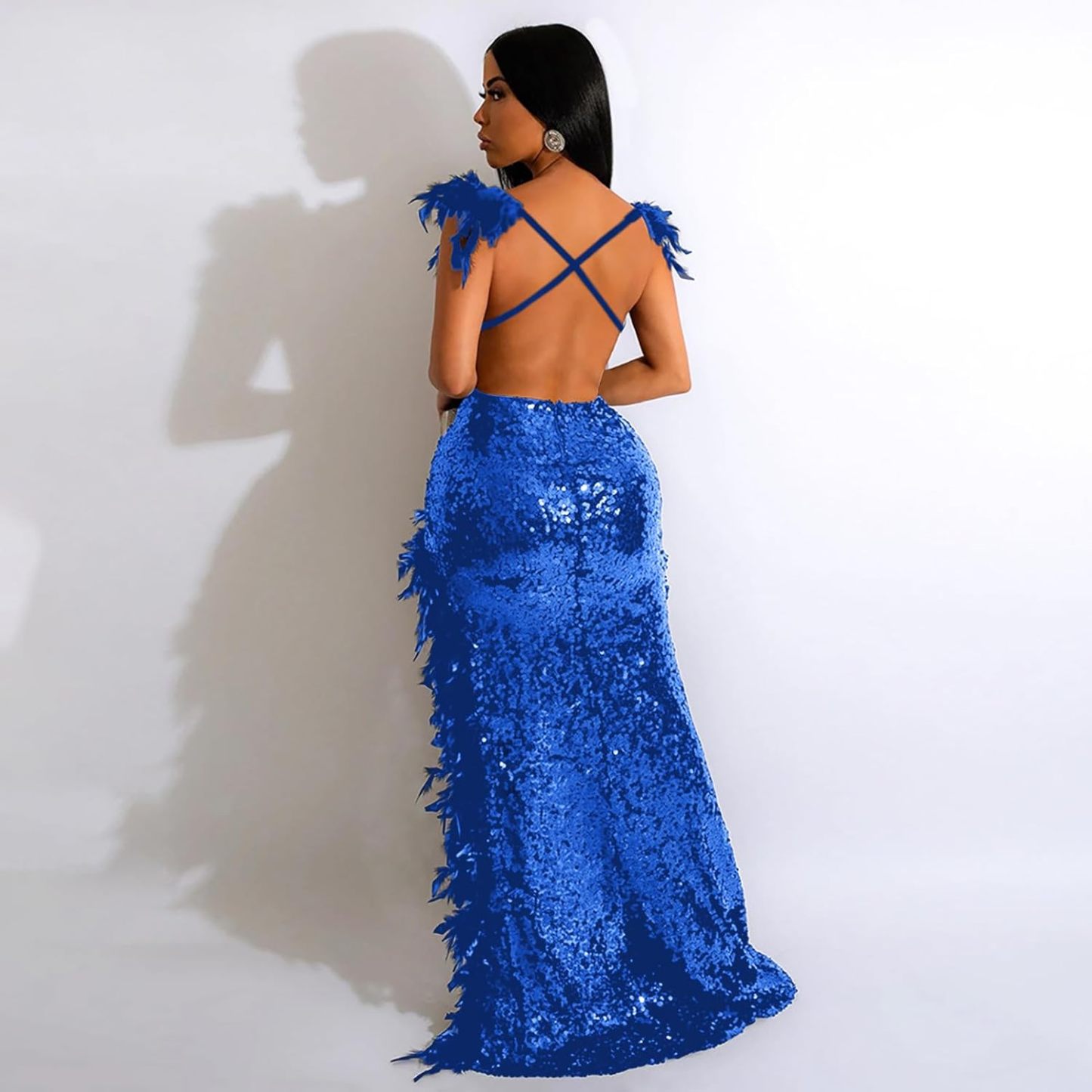 Women's Sexy Sequin Feather Prom Dresses 2025 High Slit Deep V Neck Evening Formal Masquerade Ball Gown Maxi Dress-BMbridal.UK