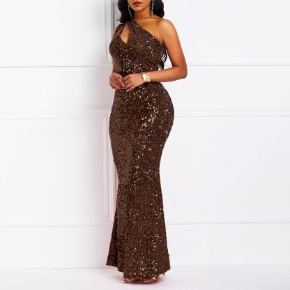 Sequins Fashion Sleeveless Oblique Collar Mermaid Women's Maxi Dress Bodycon Dress Party Dress-BMbridal.UK