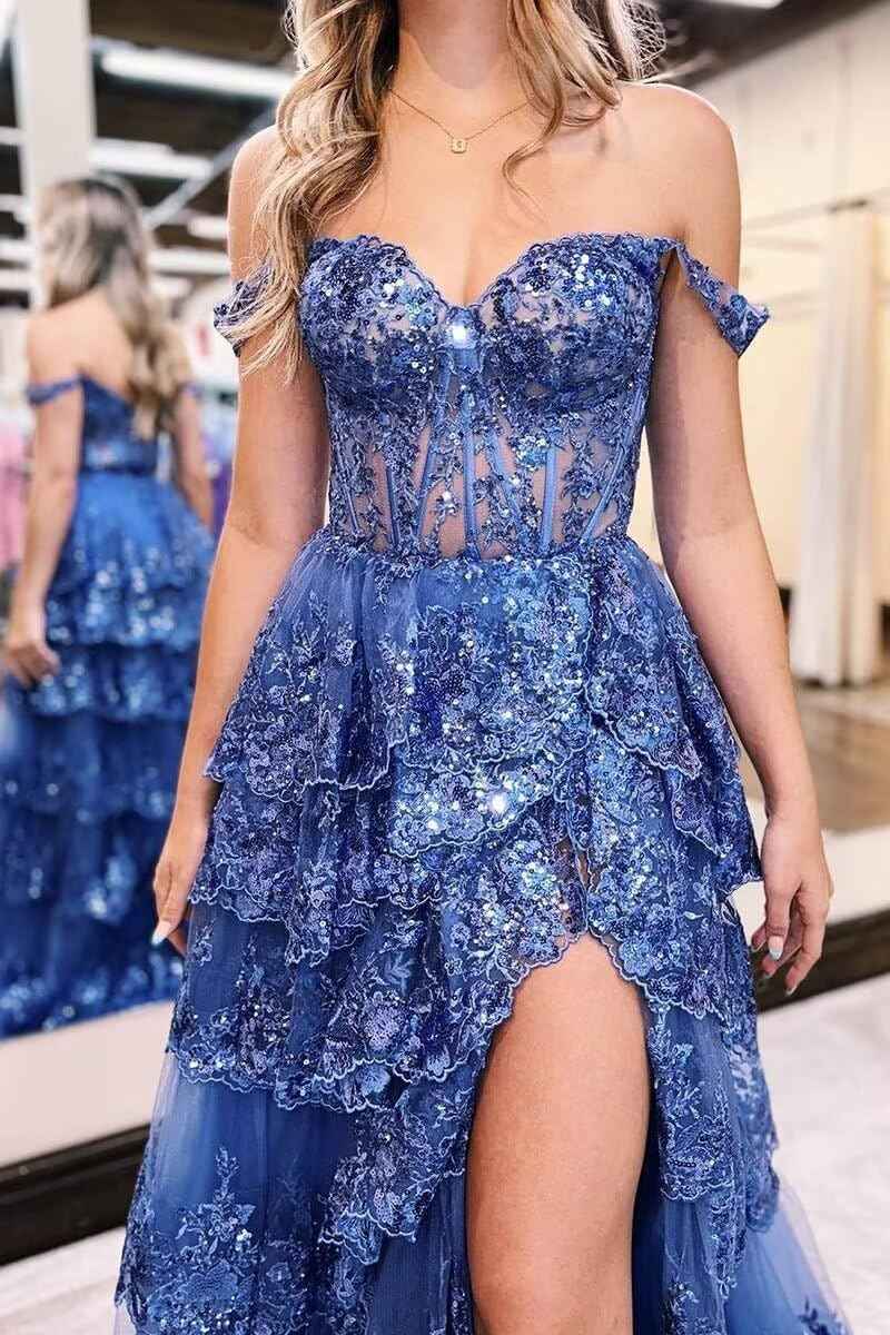 Lace Appliques Prom Dresses for Women Sparkly Tiered Tulle Off The Shoulder Formal Evening Gowns with Slit-BMbridal.UK
