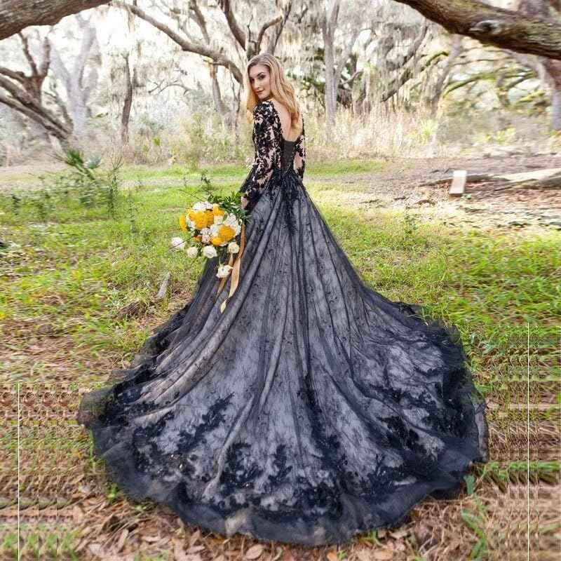 Black Wedding Dresses for Bride Long Sleeve Bridal Gowns V Neck Lace Appliques Wedding Gowns with Train-BMbridal.UK