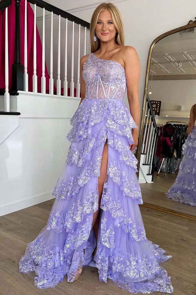 One Shoulder Lace Tulle Tiered Prom Dress Sparkly Sequined Applique Long Maxi Formal Evening Party Gowns 2025-BMbridal.UK
