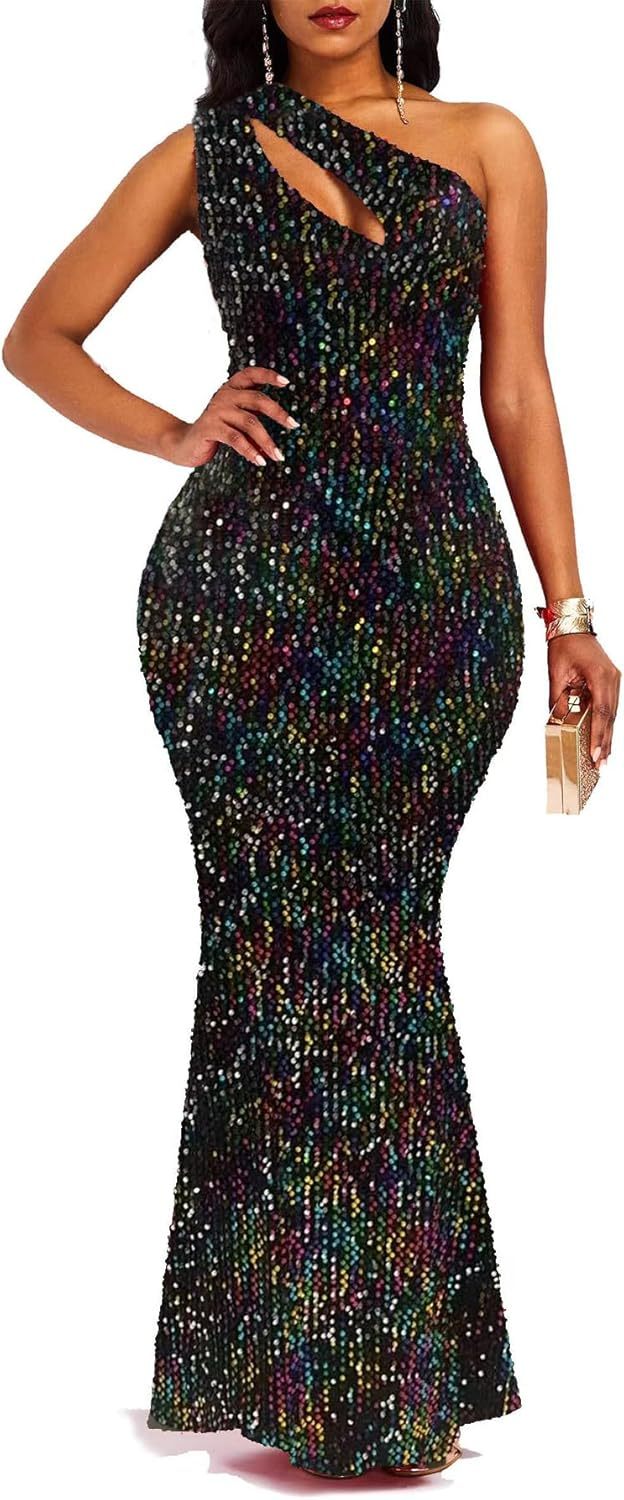 Sequins Fashion Sleeveless Oblique Collar Mermaid Women's Maxi Dress Bodycon Dress Party Dress-BMbridal.UK