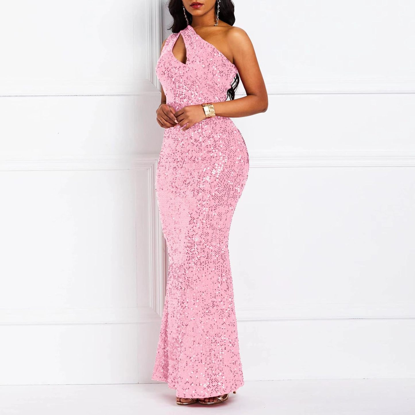 Sequins Fashion Sleeveless Oblique Collar Mermaid Women's Maxi Dress Bodycon Dress Party Dress-BMbridal.UK