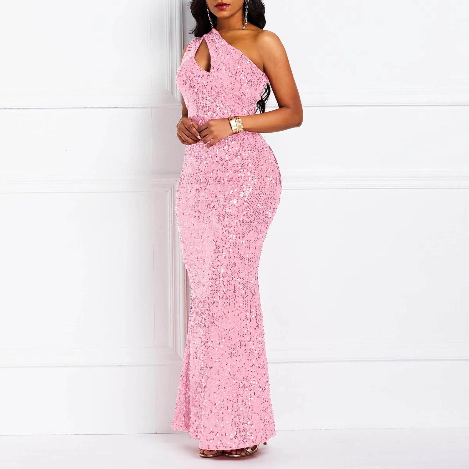 Sequins Fashion Sleeveless Oblique Collar Mermaid Women's Maxi Dress Bodycon Dress Party Dress-BMbridal.UK