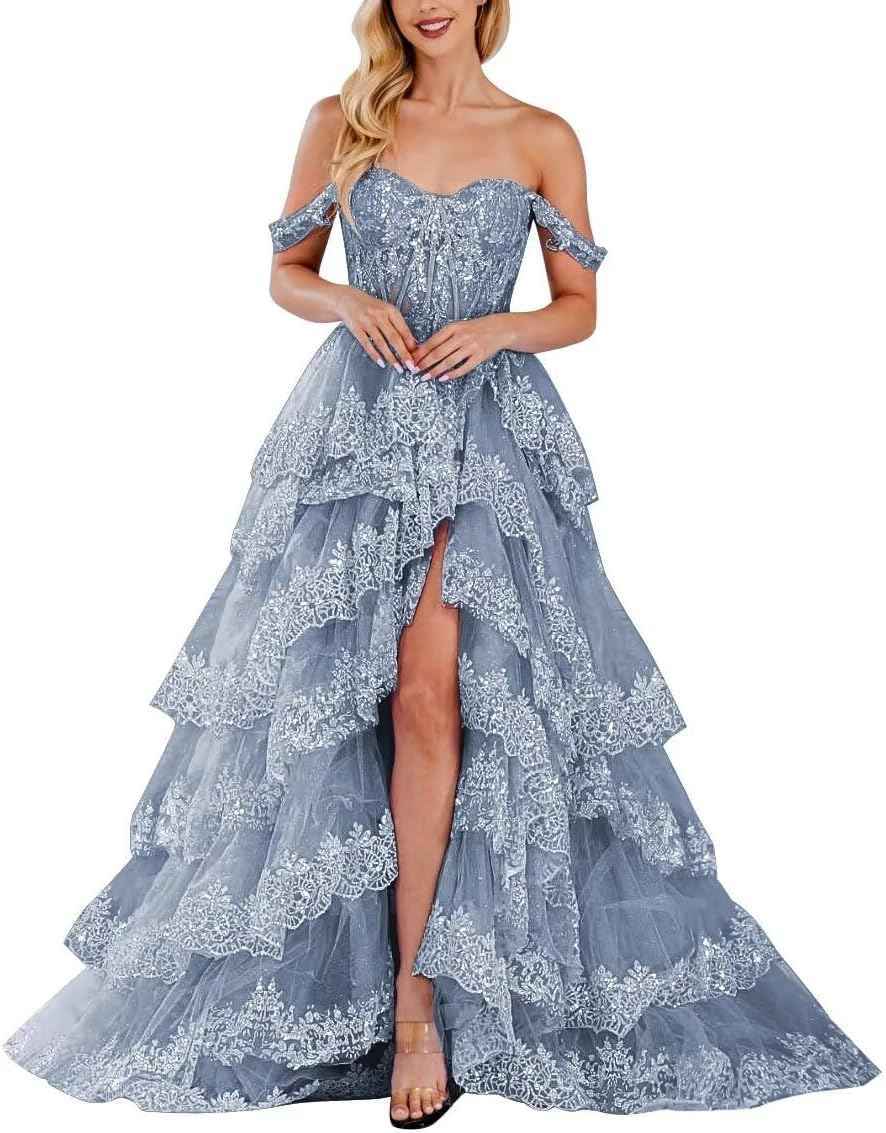 Lace Appliques Prom Dresses for Women Sparkly Tiered Tulle Off The Shoulder Formal Evening Gowns with Slit-BMbridal.UK
