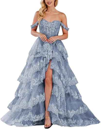 Lace Appliques Prom Dresses for Women Sparkly Tiered Tulle Off The Shoulder Formal Evening Gowns with Slit-BMbridal.UK