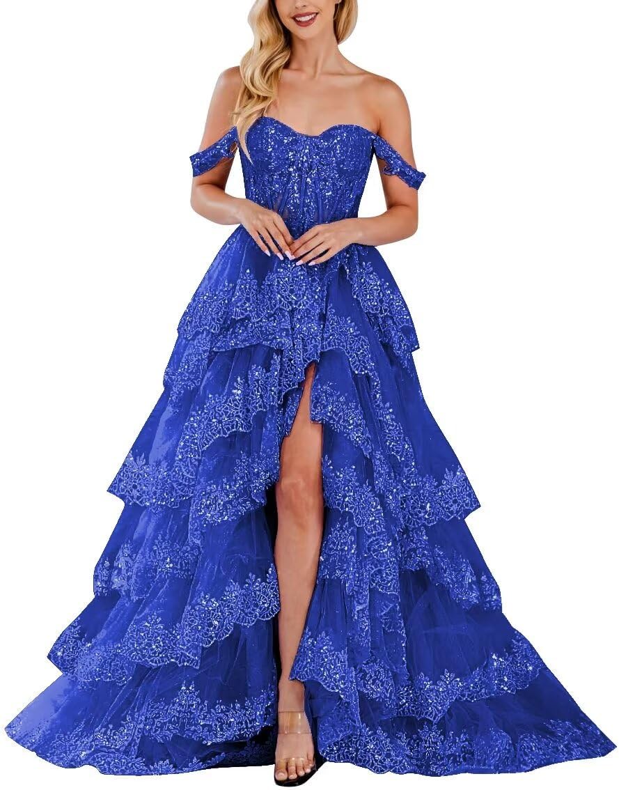 Lace Appliques Prom Dresses for Women Sparkly Tiered Tulle Off The Shoulder Formal Evening Gowns with Slit-BMbridal.UK
