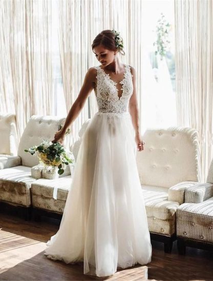 Loyeloy Women's Wedding Dresses for Bride 2025 Sexy V Neck Slit Lace Bridal Wedding Gowns for Bride YJ010-BMbridal.UK