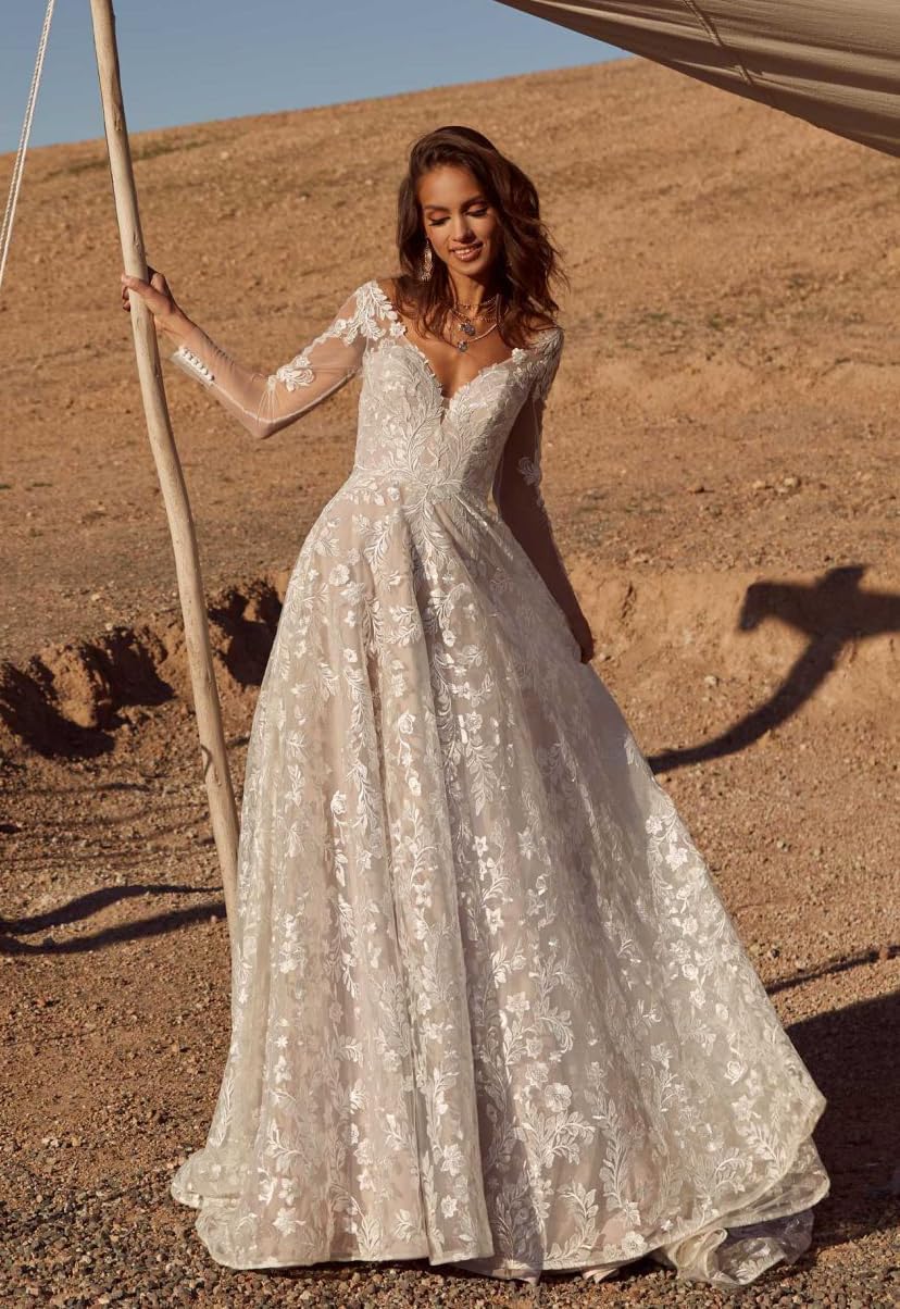 Women's Beach Spaghetti Strap Wedding Dresses for Bride 2025 Boho Long Lace Bridal Gowns for Wedding-BMbridal.UK