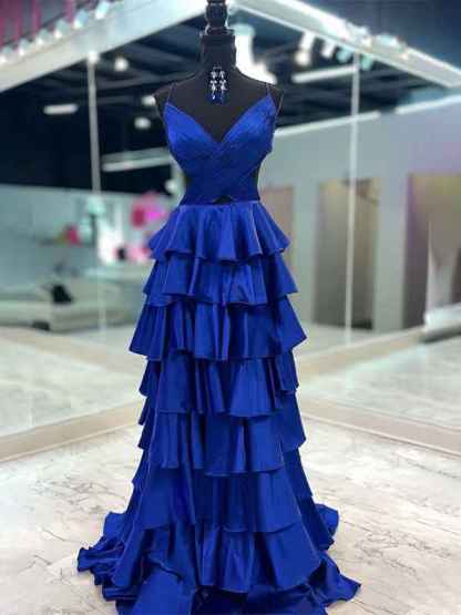 Yellow Spaghetti Straps V-Neck Layered Satin Prom Dress with Slit