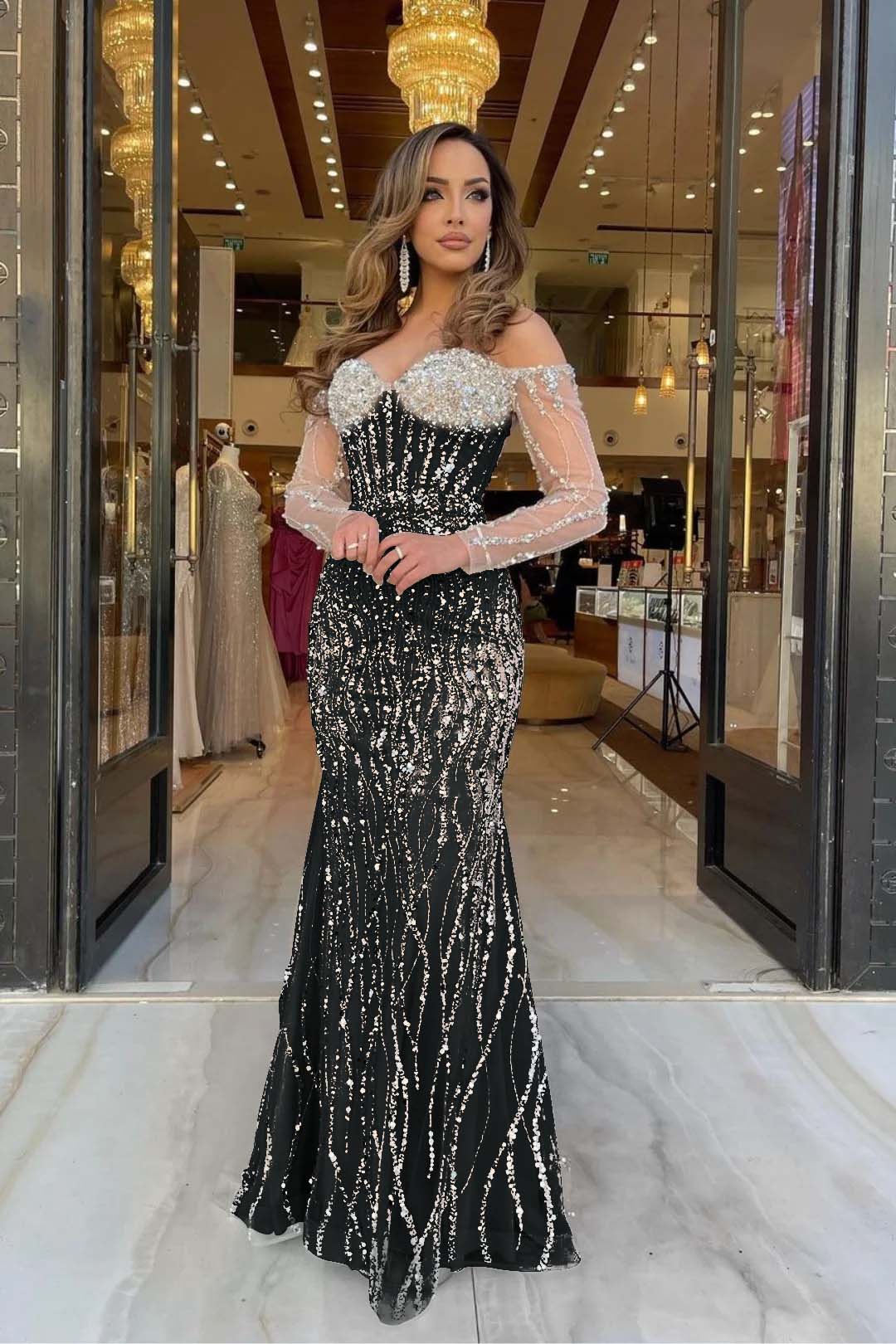 Heavy Prom Dress Sweetheart Long Sleeves Strapless Beading Long Tulle