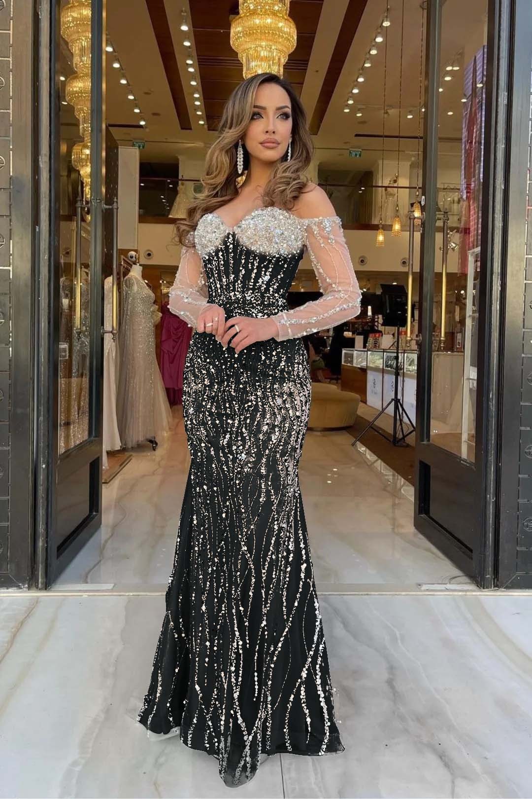 Heavy Prom Dress Sweetheart Long Sleeves Strapless Beading Long Tulle