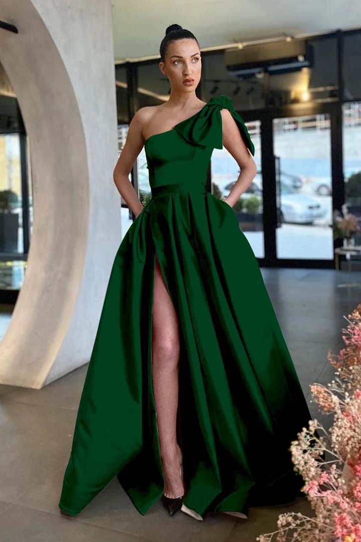 One Shoulder Sleeveless Long Split Prom Dress With Pockets Pleated