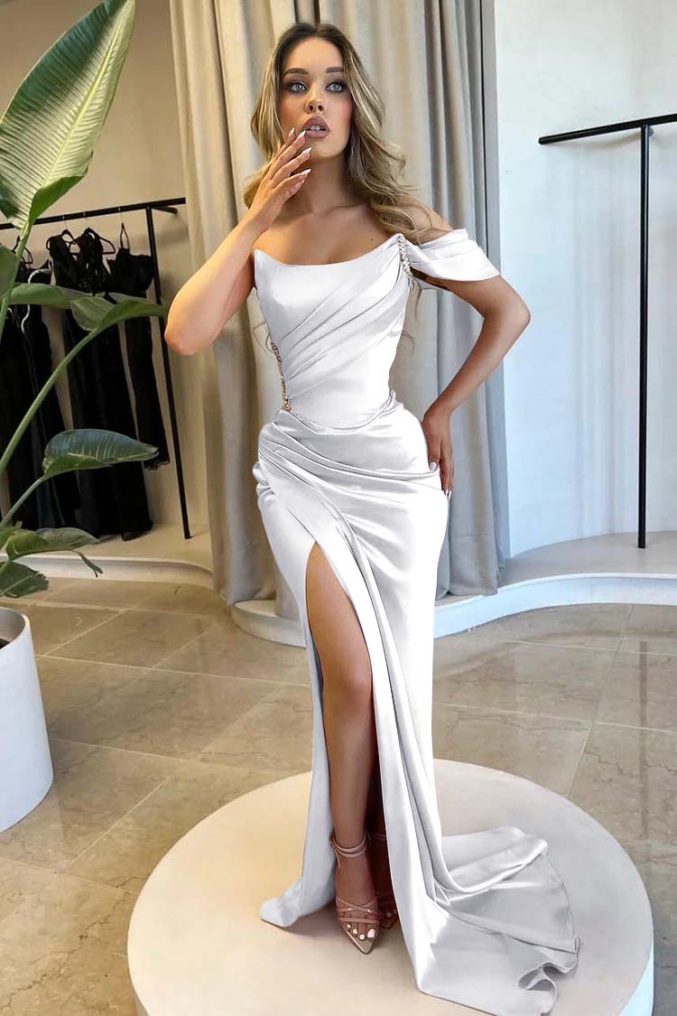 Strapless One Shoulder Long Mermaid Prom Dress With Split Beading