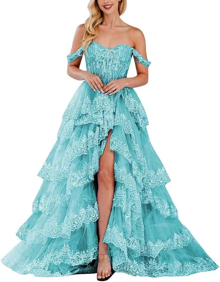 Lace Appliques Prom Dresses for Women Sparkly Tiered Tulle Off The Shoulder Formal Evening Gowns with Slit-BMbridal.UK