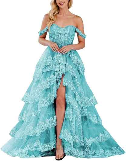 Lace Appliques Prom Dresses for Women Sparkly Tiered Tulle Off The Shoulder Formal Evening Gowns with Slit-BMbridal.UK