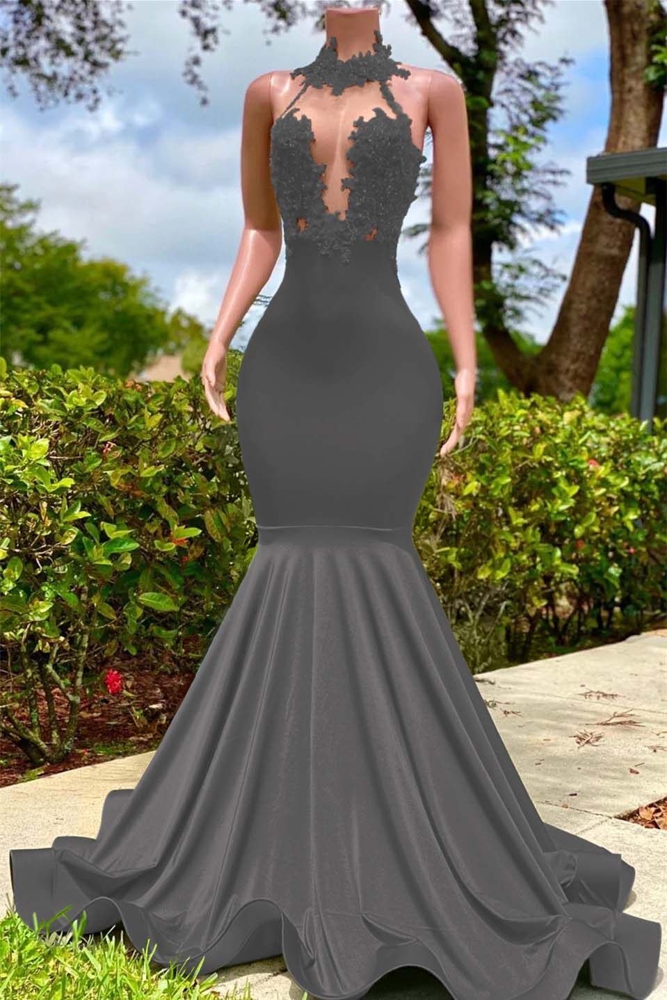 Halter Sleeveless Long Mermaid Prom Dress With Appliques Ruffles