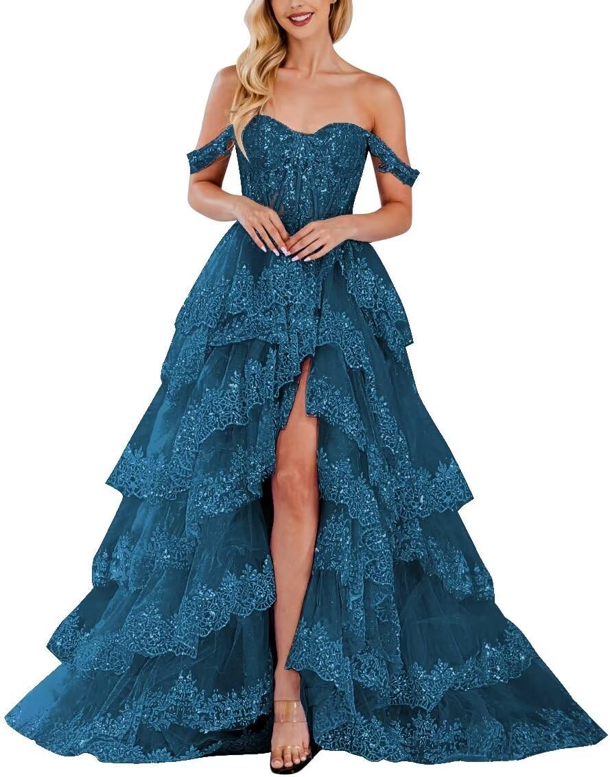 Lace Appliques Prom Dresses for Women Sparkly Tiered Tulle Off The Shoulder Formal Evening Gowns with Slit-BMbridal.UK